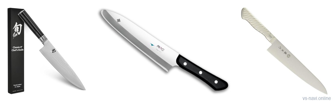 Shun Classic, MAC MTH-80 and Tojiro DP Japanese chef's knives side by side
