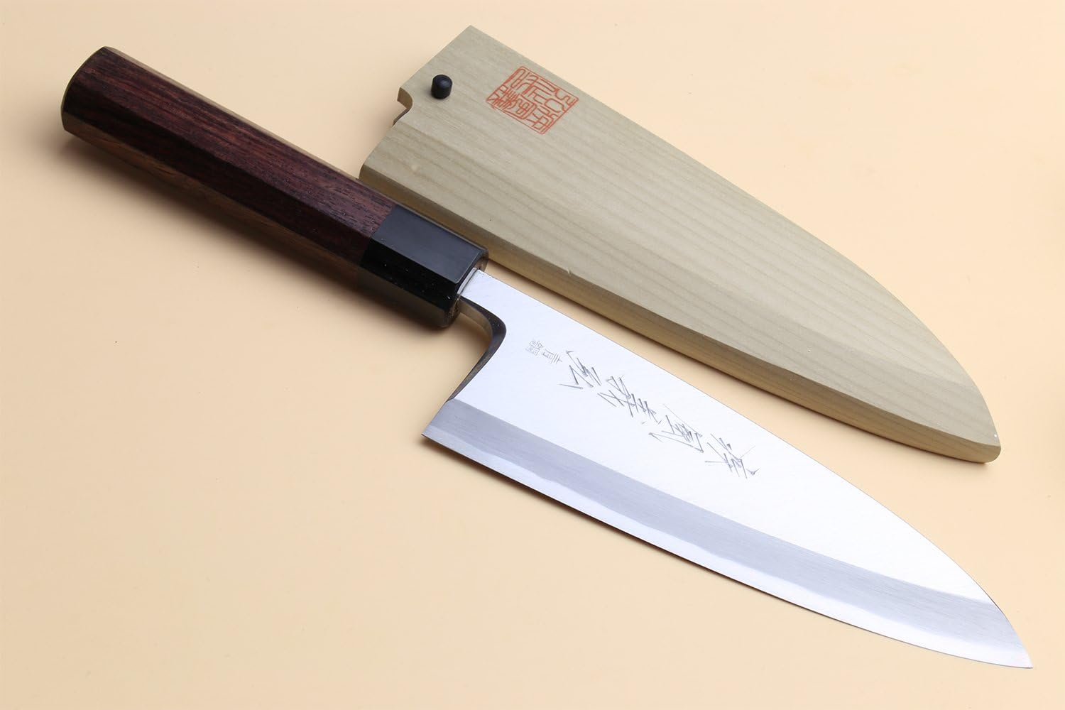 Yoshihiro Hongasumi deba blade detail showing the Kasumi single-bevel grind