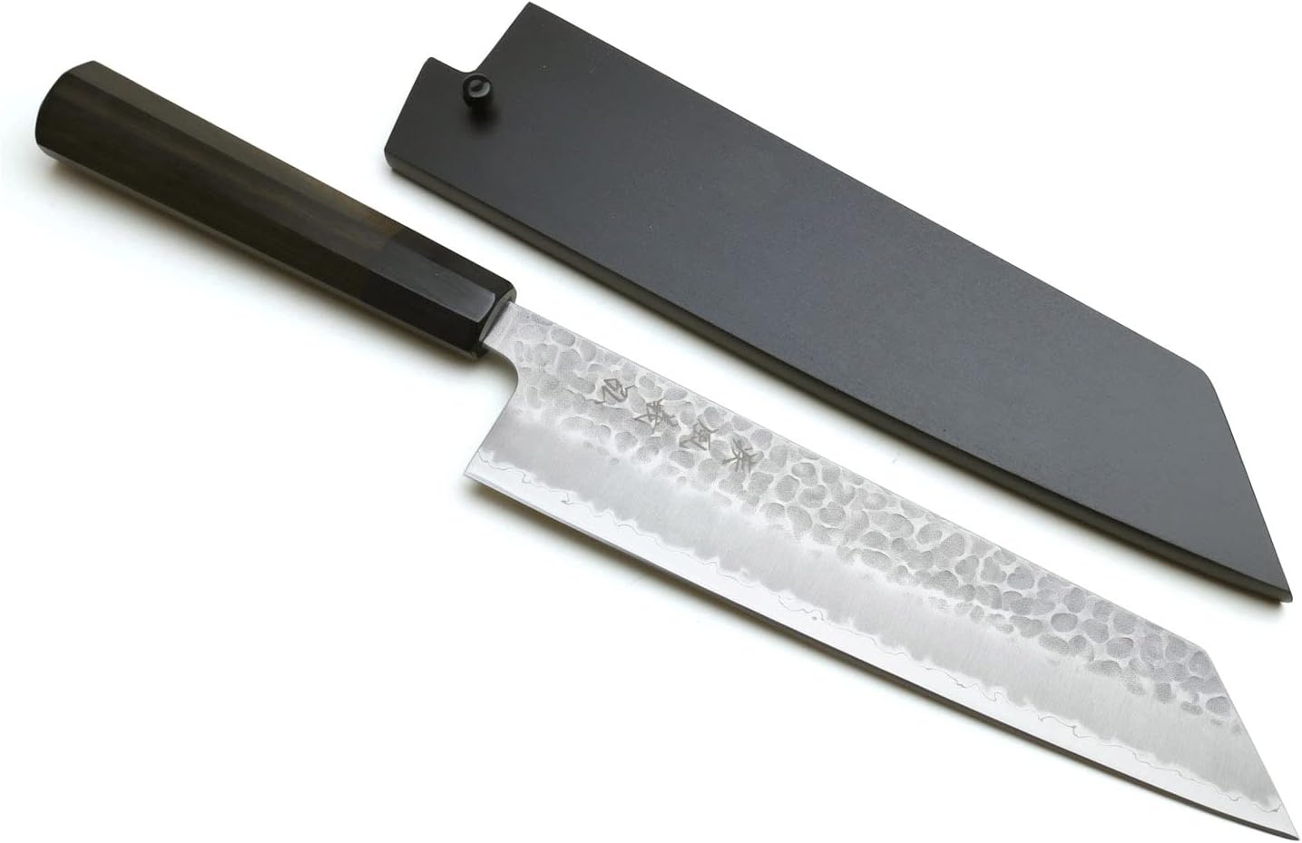 Yoshihiro Super Blue hammered kiritsuke knife with black magnolia saya