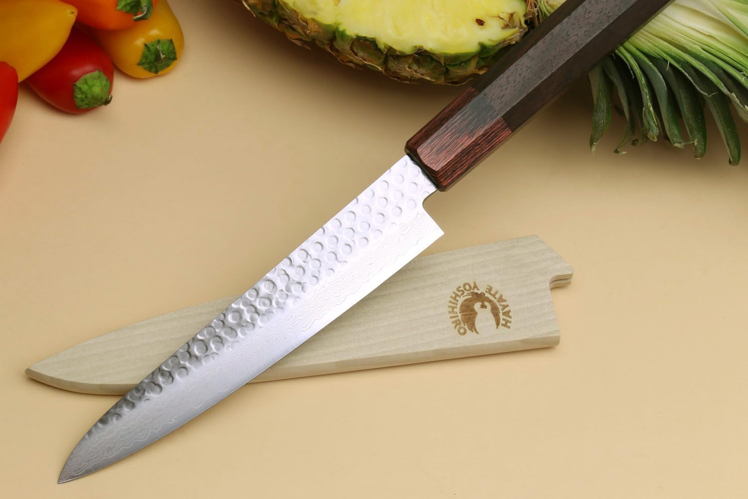 Yoshihiro hammered Damascus petty octagonal rosewood handle