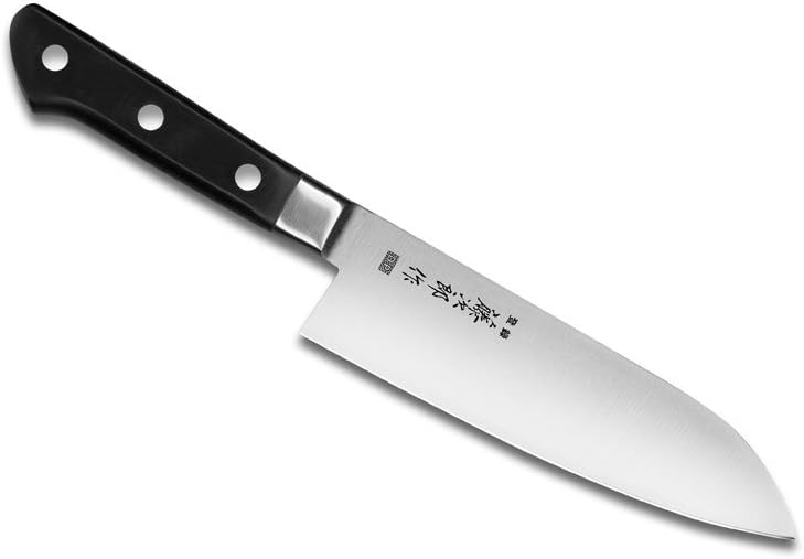 Tojiro 17 cm santoku knife on a white background, with a wide sheepsfoot blade, kanji etching and a black handle with three rivets