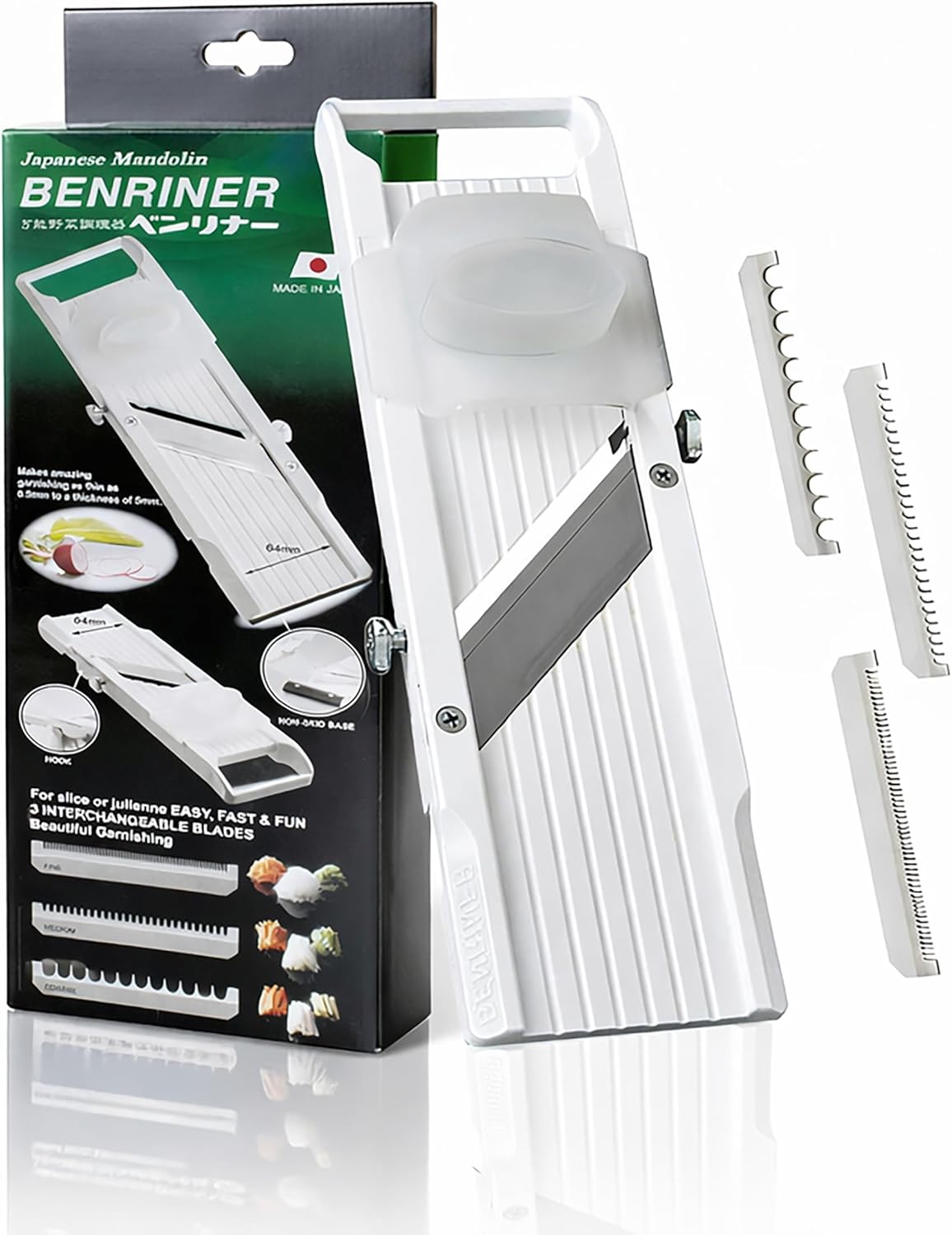 Benriner standard white mandoline slicer with retail box and three interchangeable blades