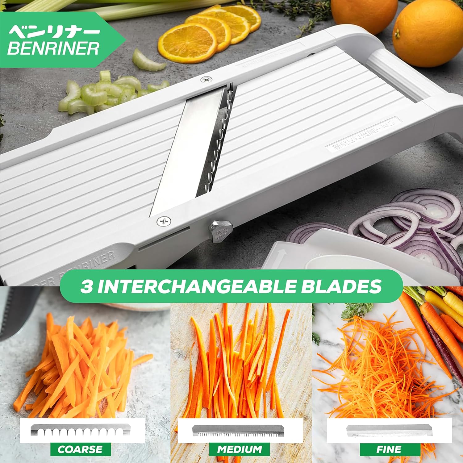 Benriner mandoline slicing citrus, celery and red onion on a kitchen counter