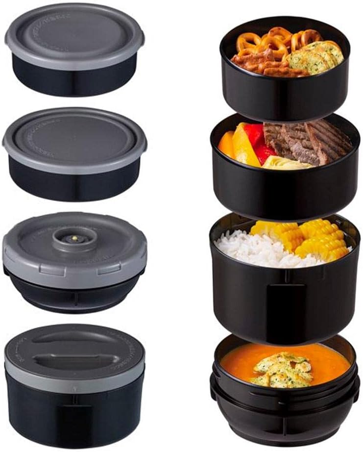 Zojirushi Mr. Bento four microwave-safe inner bowls stacked with food