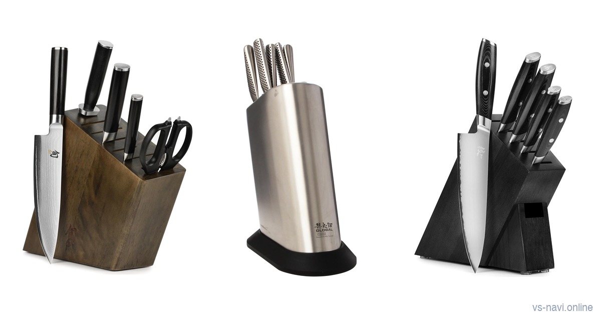 Shun Classic, Global and Yaxell Mon Japanese knife block sets side by side on white