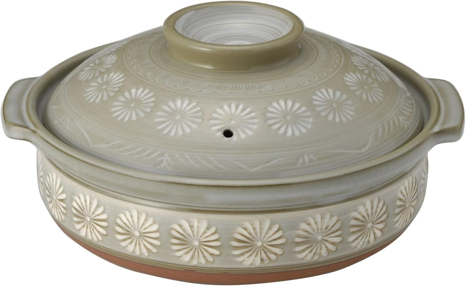 Ginpo Hana Mishima Banko ware donabe with white chrysanthemum pattern and lid