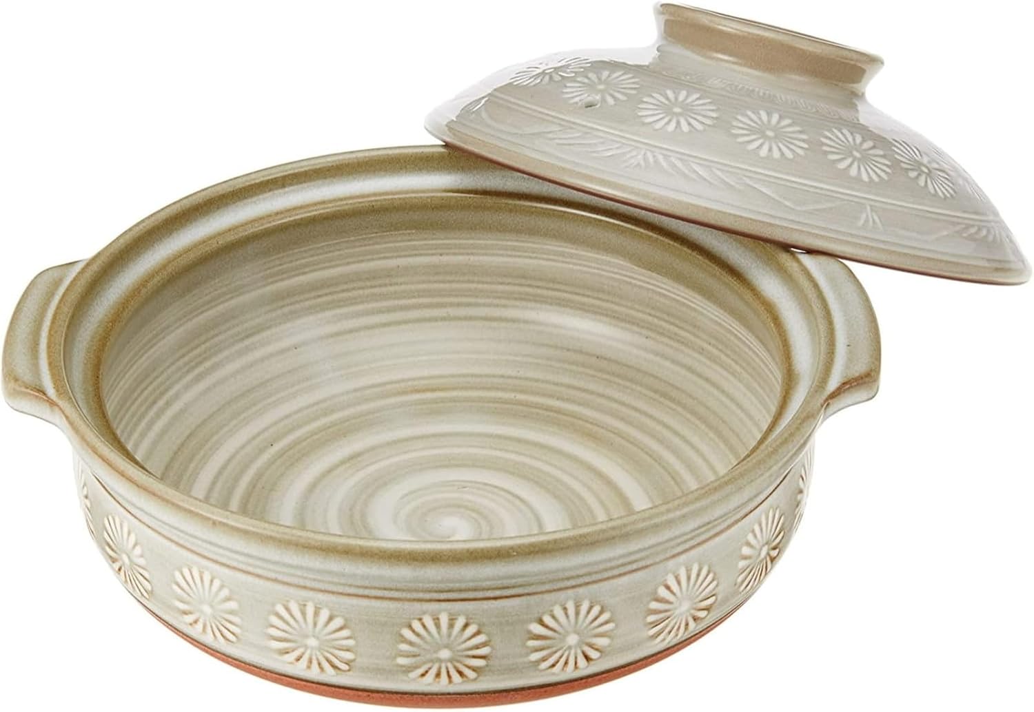 Ginpo Hana Mishima donabe open, showing the wide shallow interior and lid