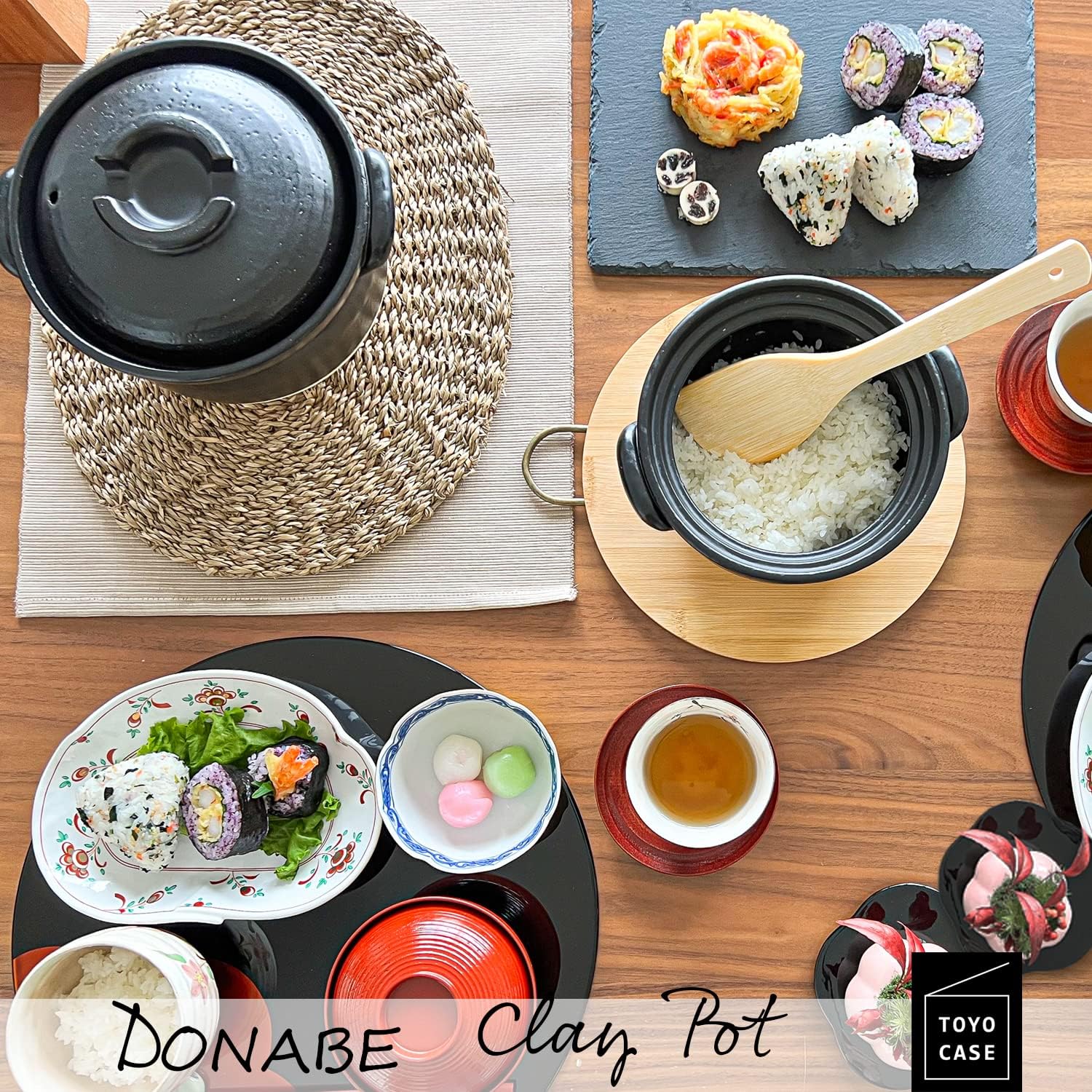 TOYO CASE donabe with two clay lids stacked, showing the double-lid design