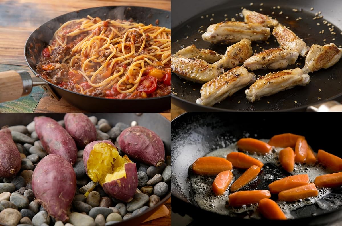 River Light iron pan cooking pasta, seared chicken, roasted sweet potatoes plus glazed carrots