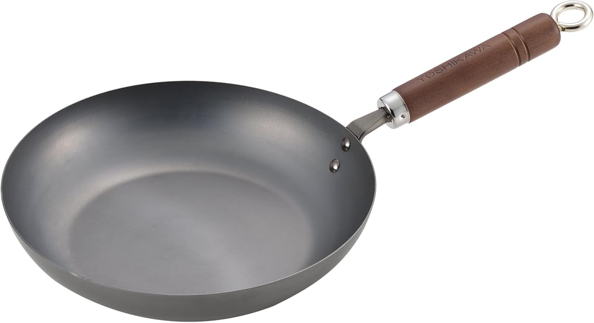 Yoshikawa 89905 carbon steel frying pan, 10 inch, with a walnut-toned wood handle