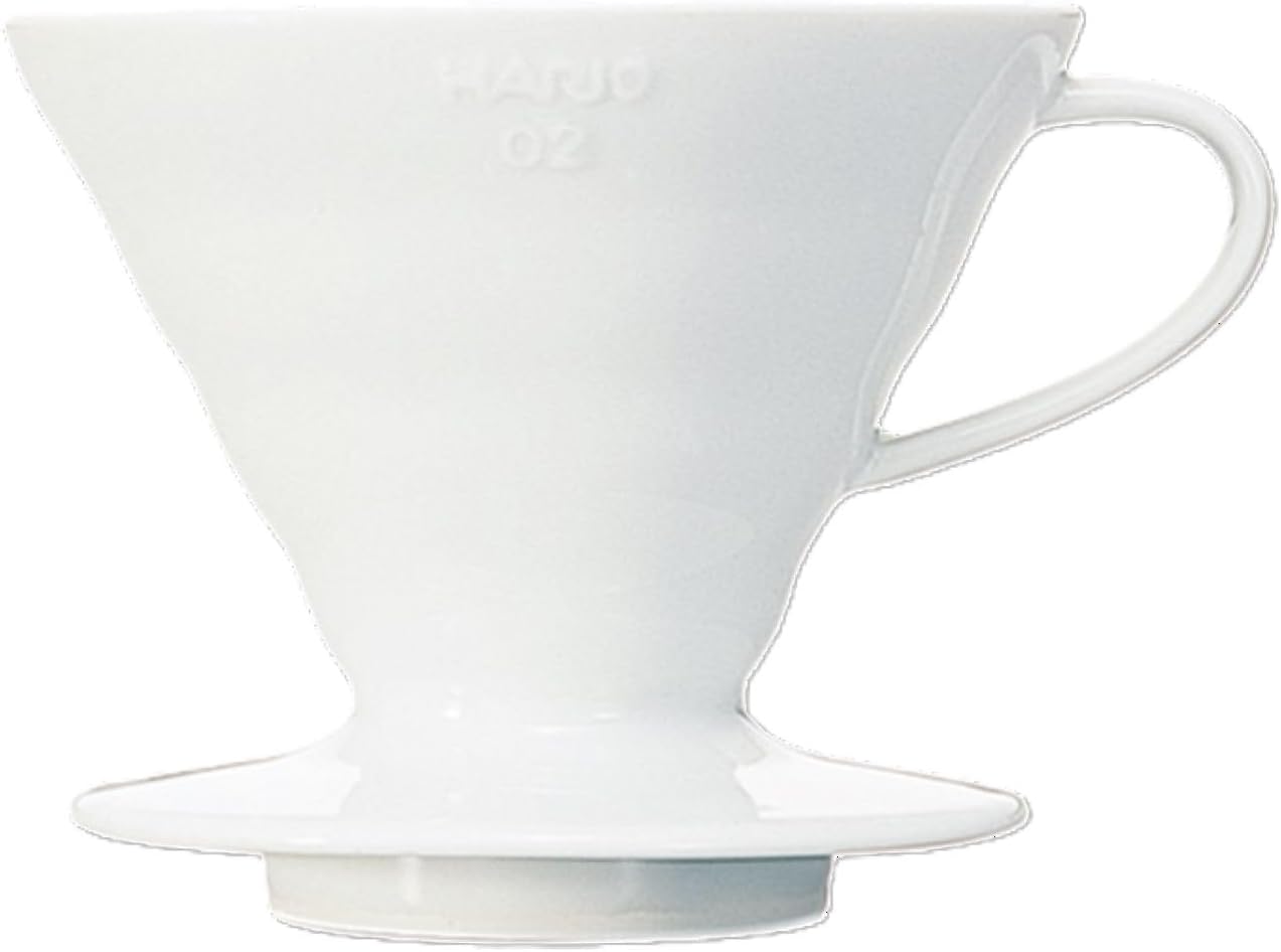 White ceramic Hario V60 size 02 dripper on a white background