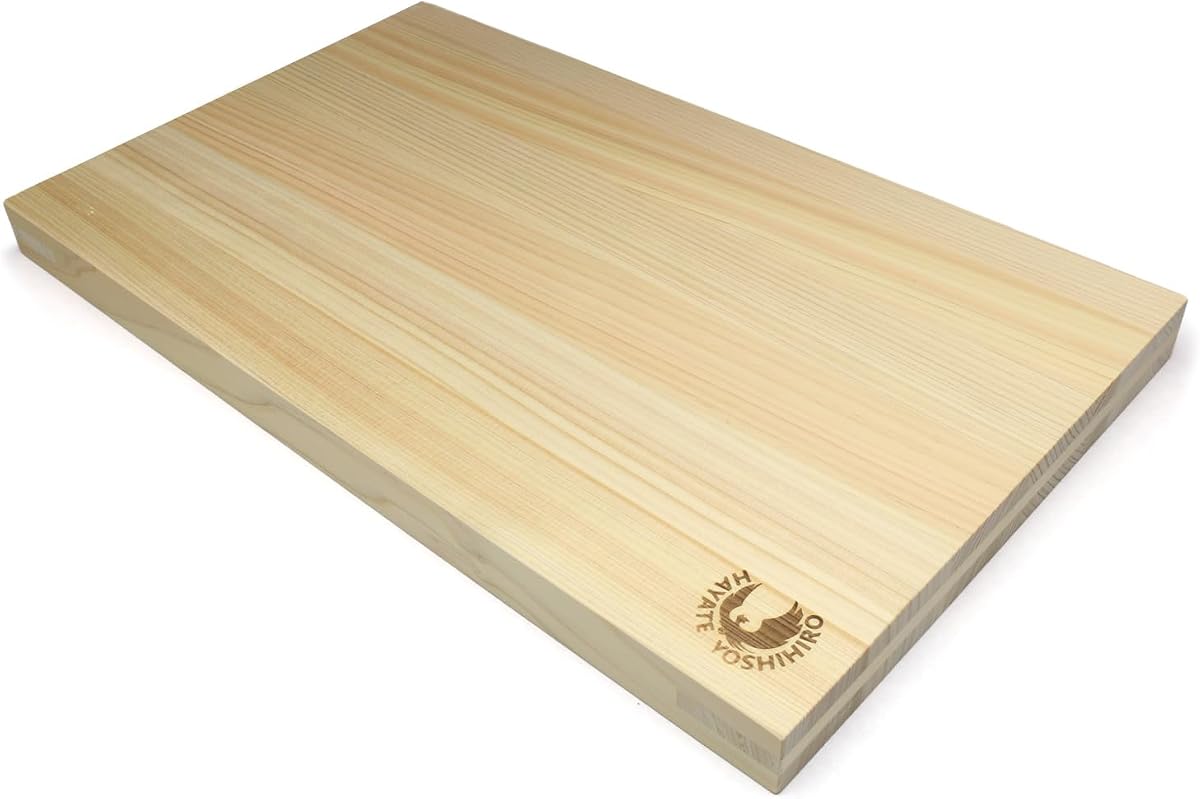 Yoshihiro hinoki cypress cutting board with the Hayate Yoshihiro brand mark on a white background