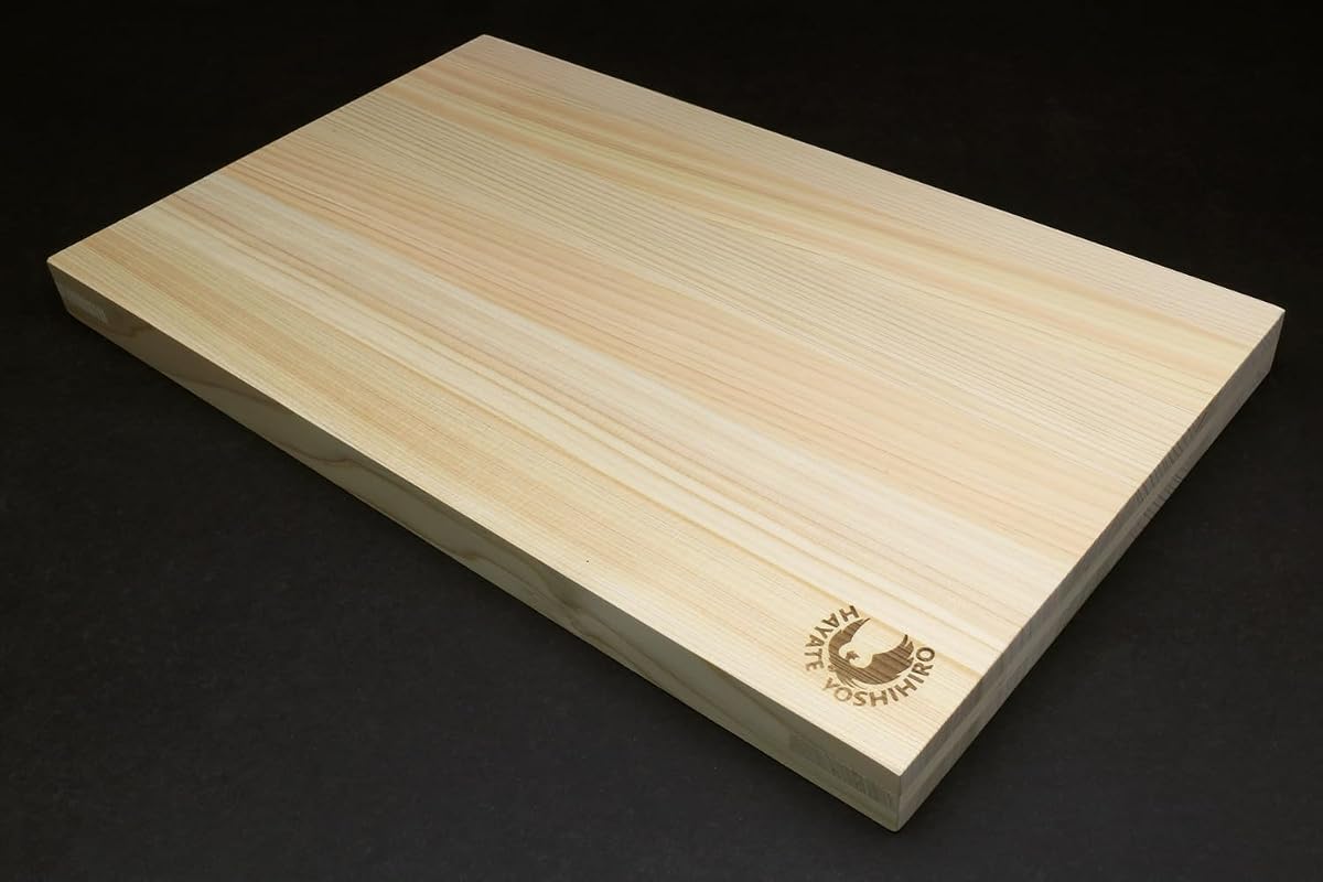 Full view of the thick Yoshihiro hinoki cutting board seen from a low angle