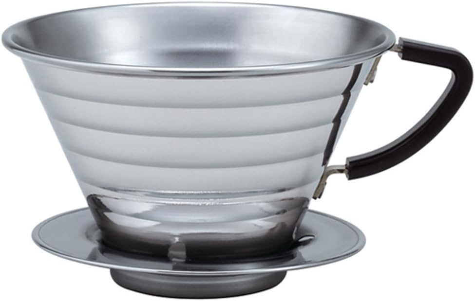 Stainless steel Kalita Wave 185 dripper with a black handle on a white background