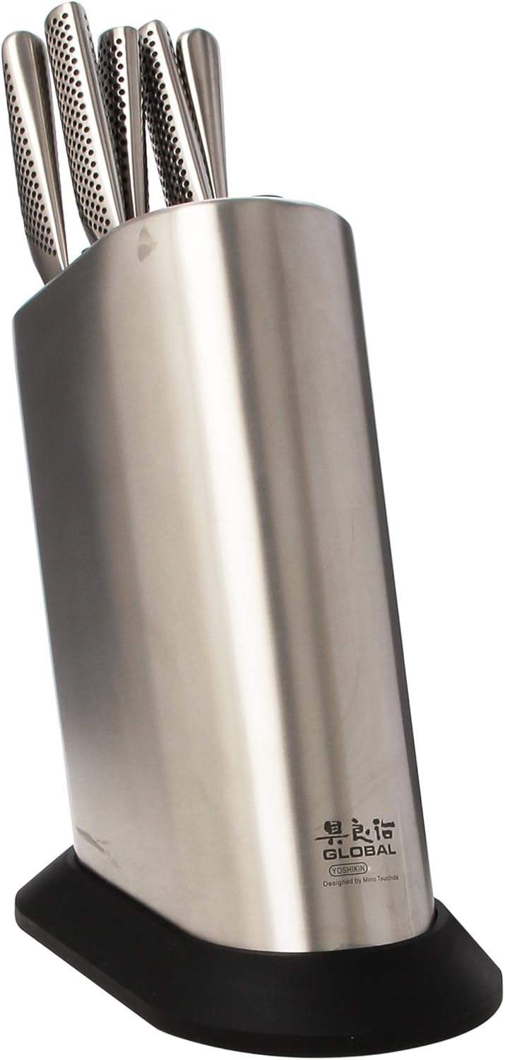 Global G-835 six piece knife set in a brushed stainless steel block