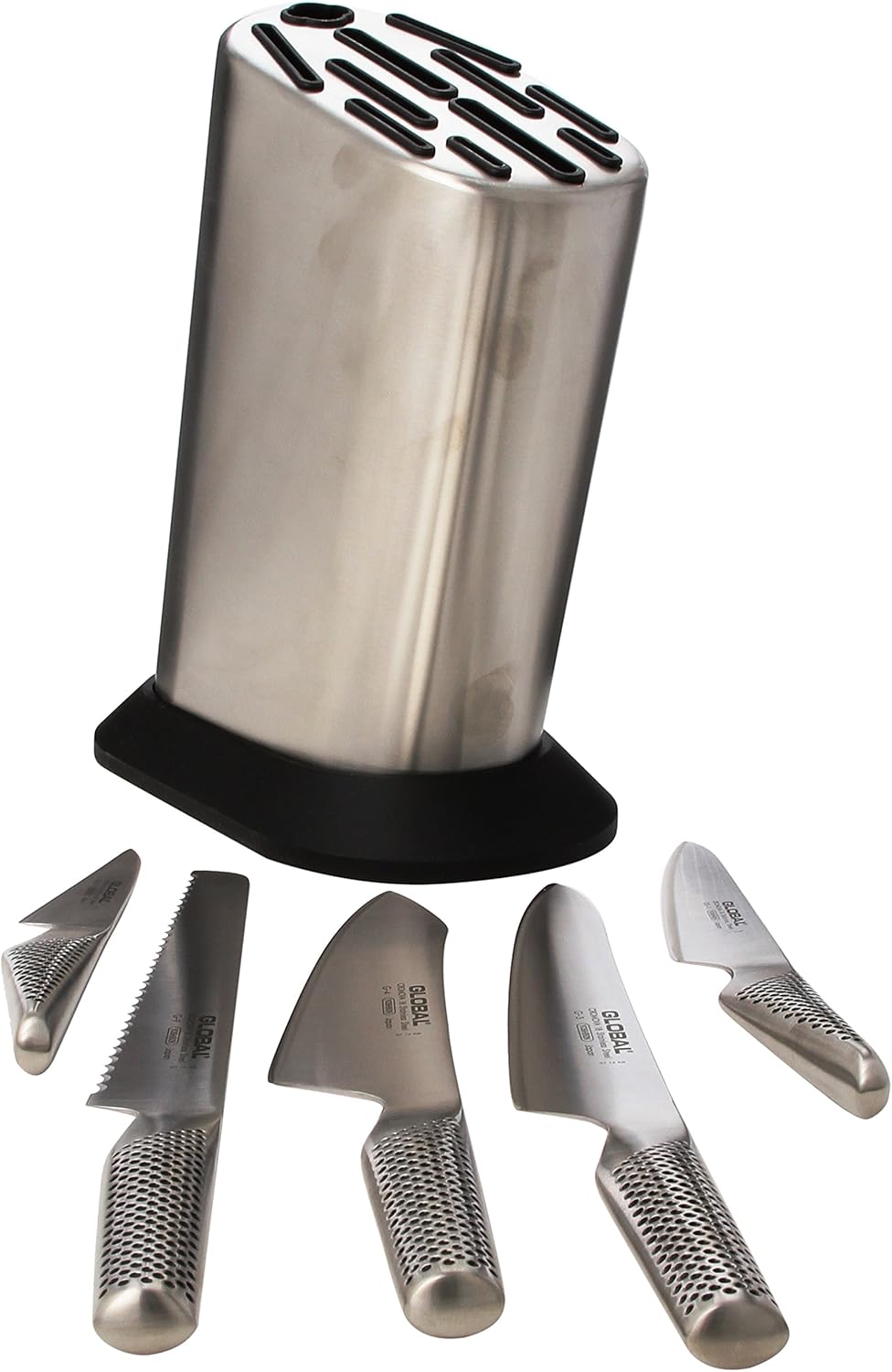 Global block with the five knives laid out showing dimpled stainless handles