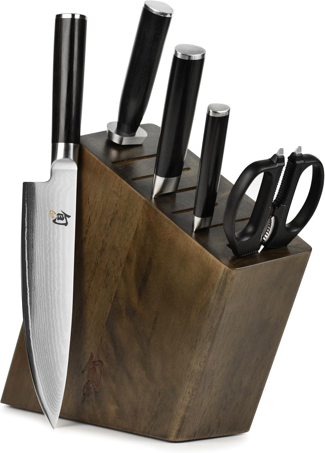 Shun Classic 6-piece slim knife block set with dark wood block and Damascus blades