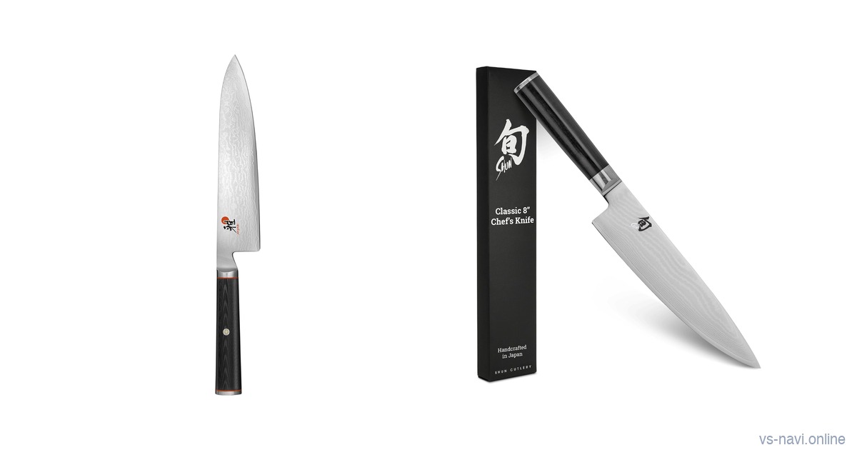 Miyabi Kaizen and Shun Classic 8-inch Japanese chef's knives side by side on white