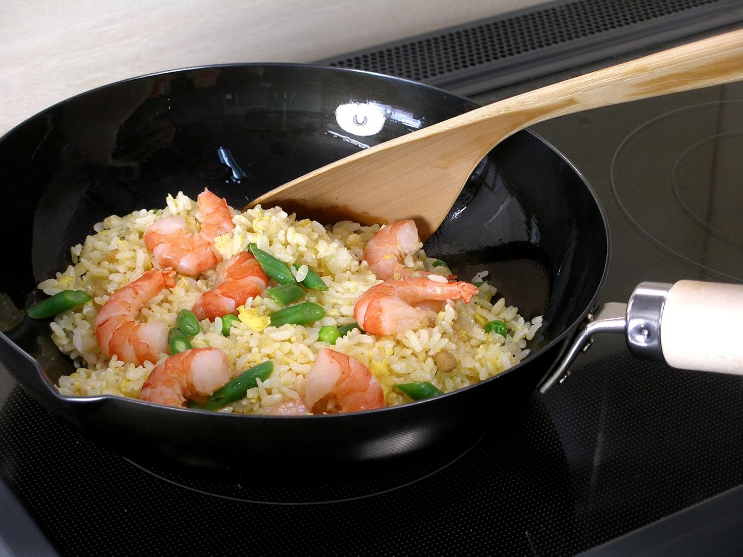 Shrimp fried rice cooked in a River Light Kiwame iron pan