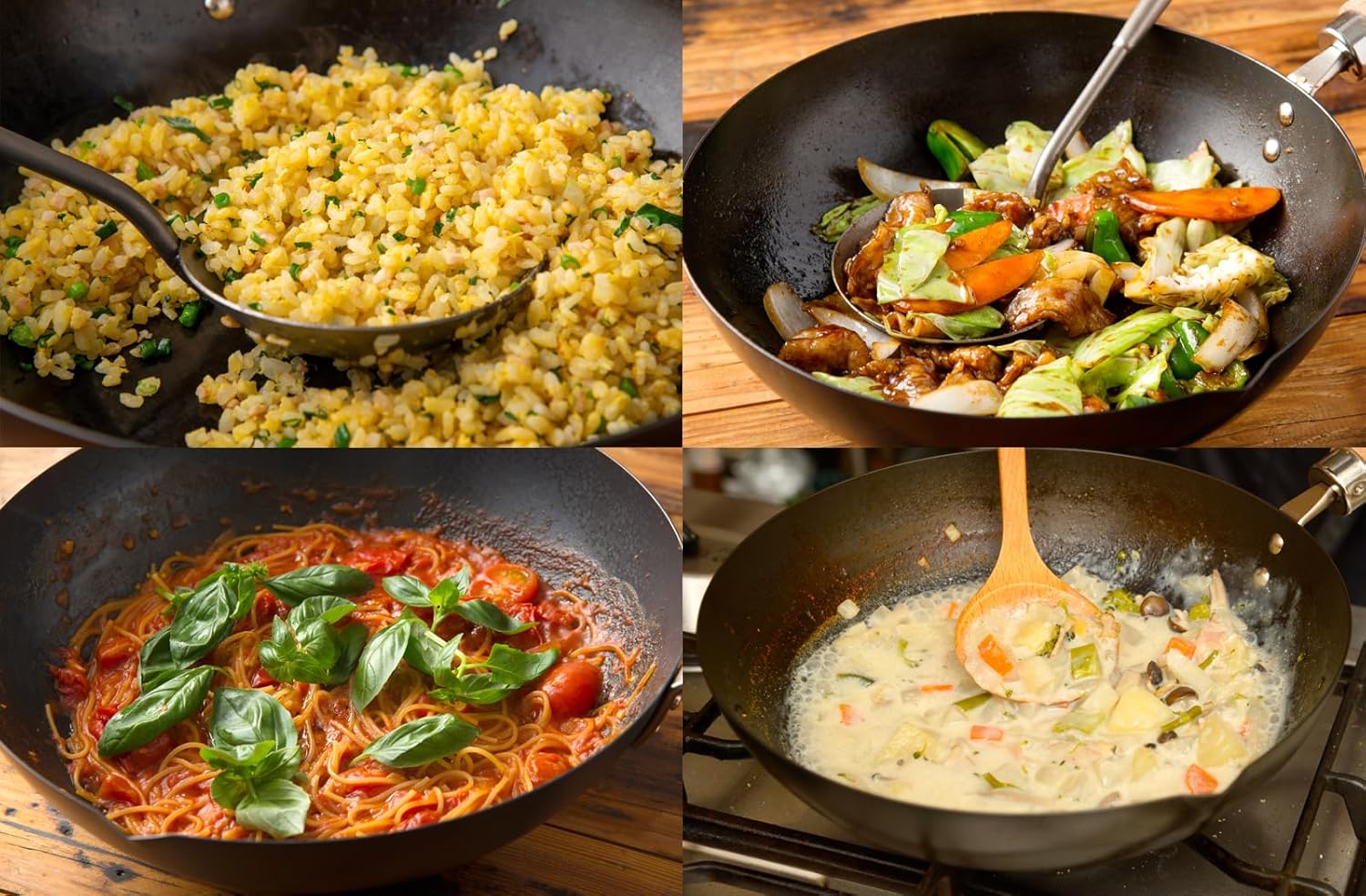 A range of dishes cooked in a River Light Kiwame iron pan including fried rice and stir-fried vegetables