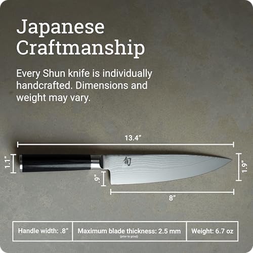 Shun Classic 8-inch chef's knife dimensions: 8-inch blade, 6.7 ounces, 2.5 mm spine
