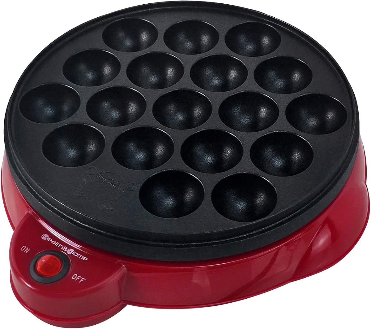 Top-down view of the Health and Home electric takoyaki maker showing 18 empty nonstick wells