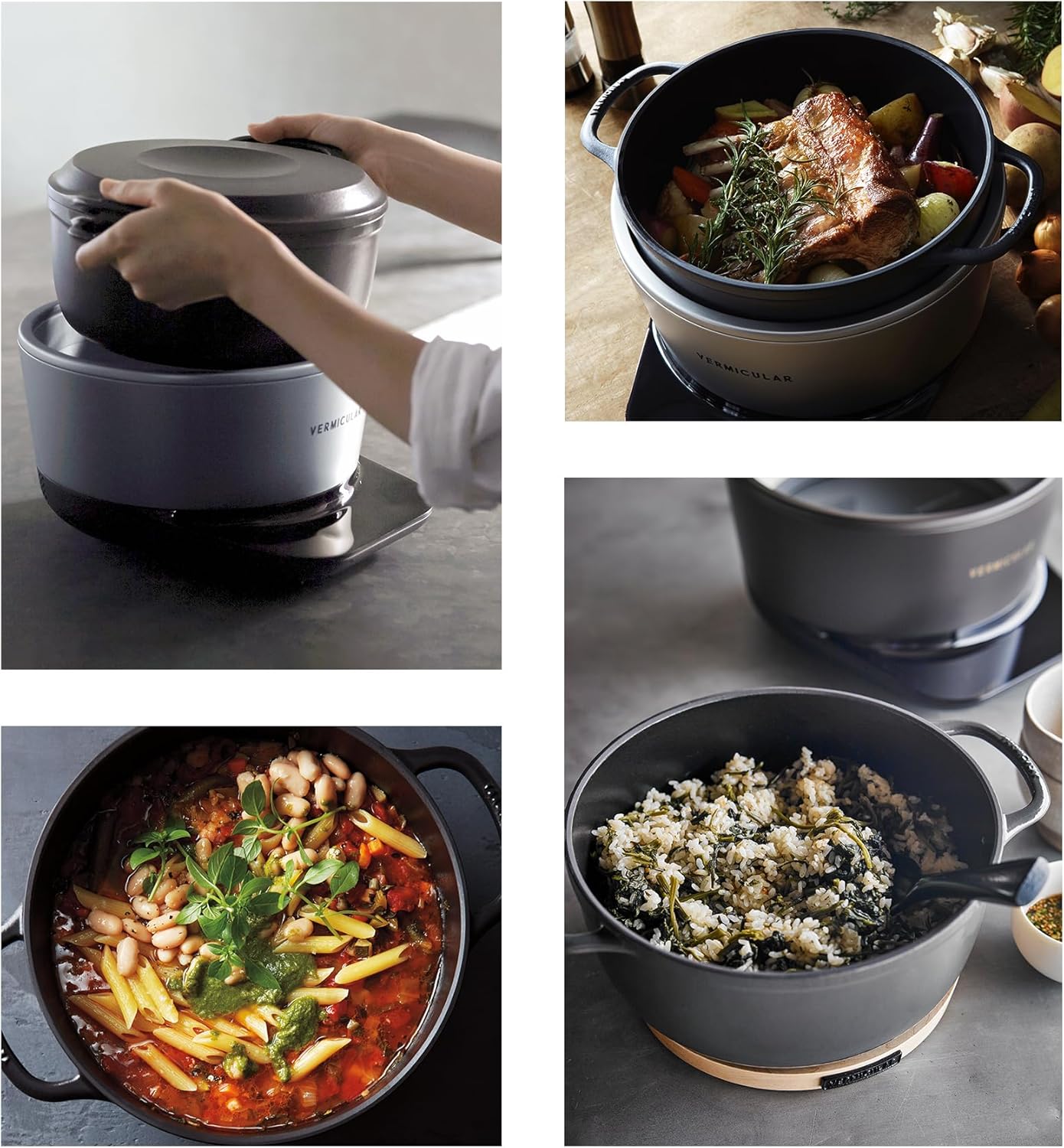 The Musui-Kamado cooking a pork roast, a minestrone, plus mixed-grain rice