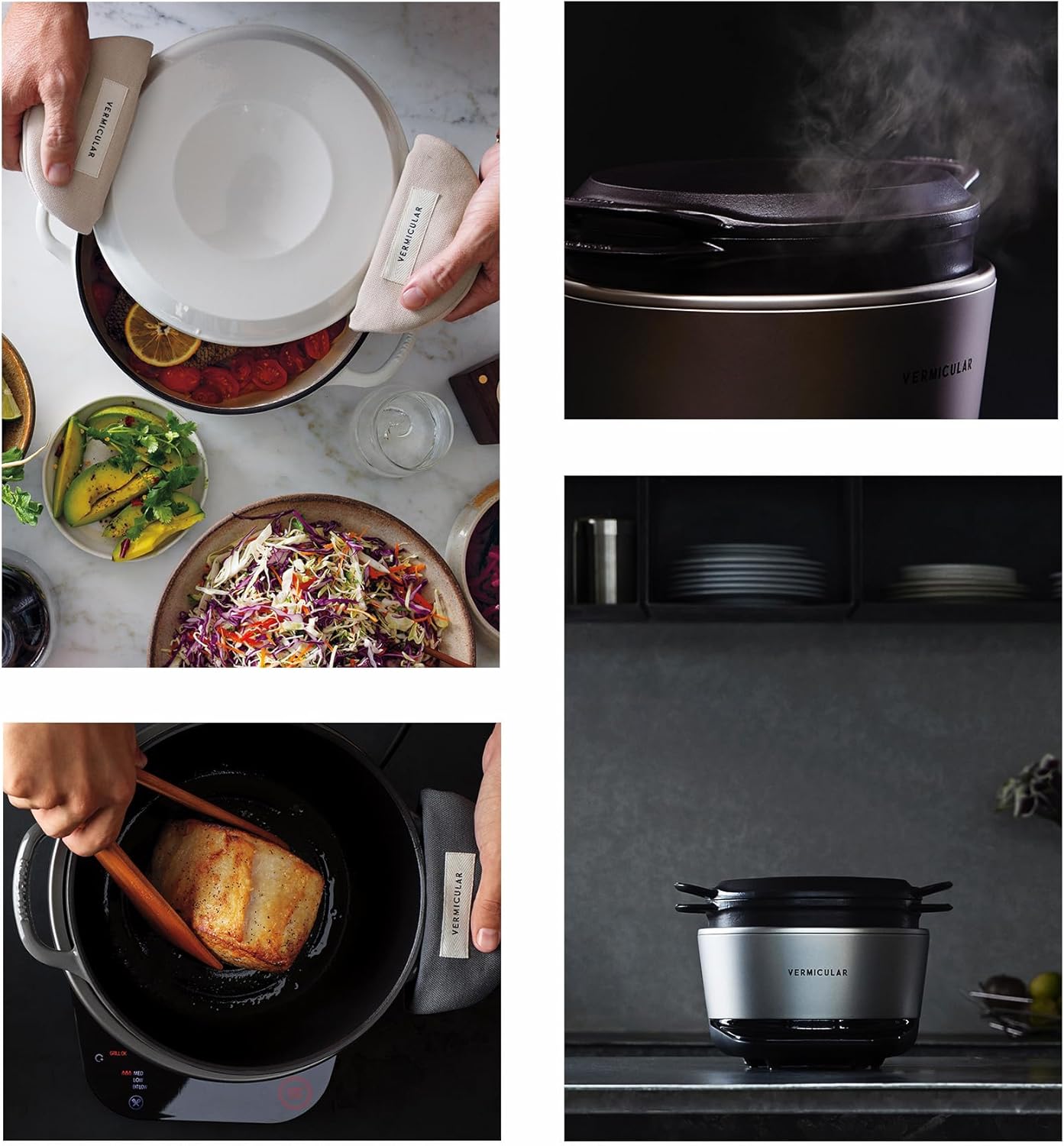 Searing pork plus low-temperature cooking on the Kamado induction base with its dial controls