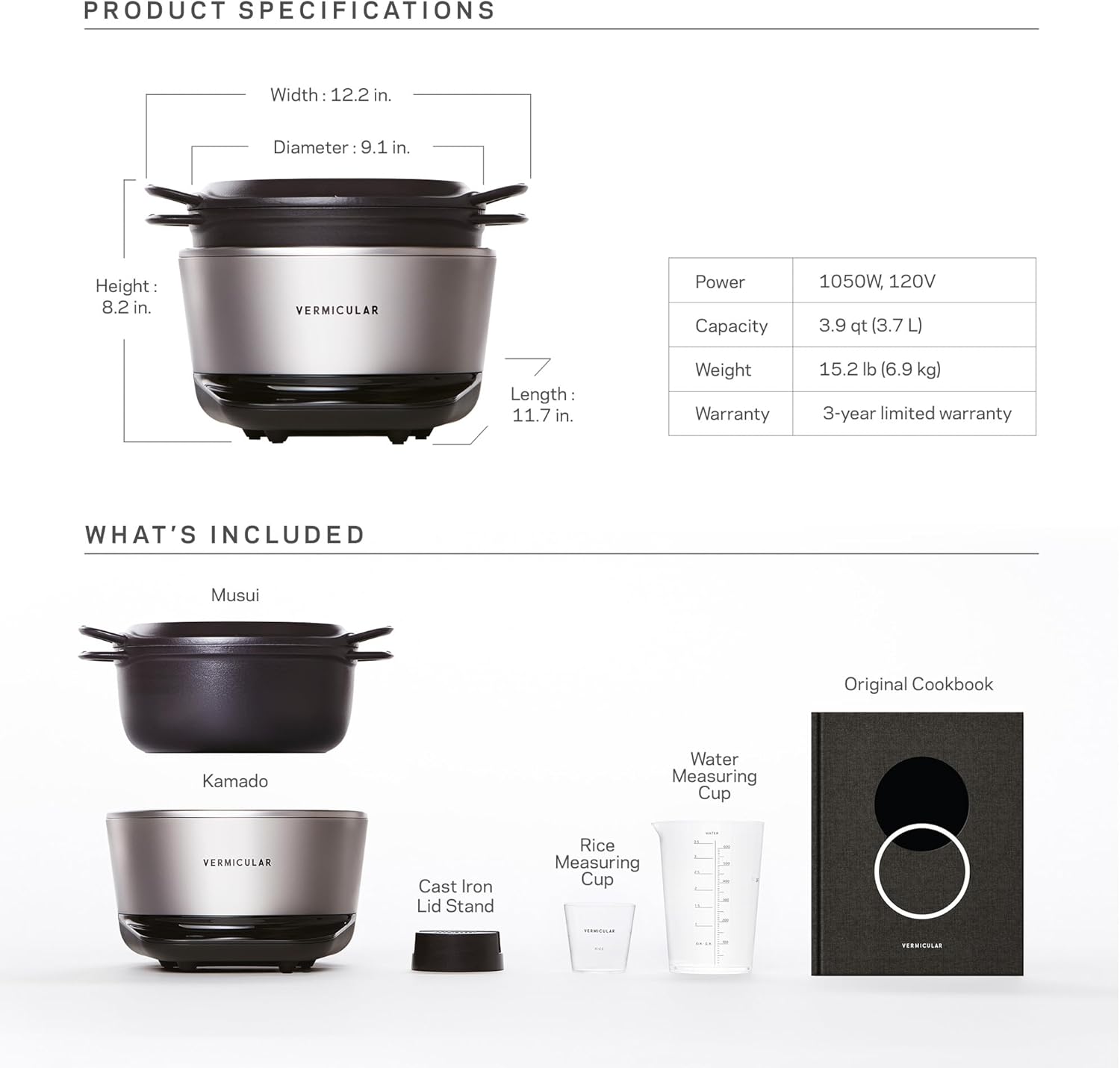 Specifications of the Vermicular Musui-Kamado: 1050W induction, 3.9-quart capacity, 15.2 pounds