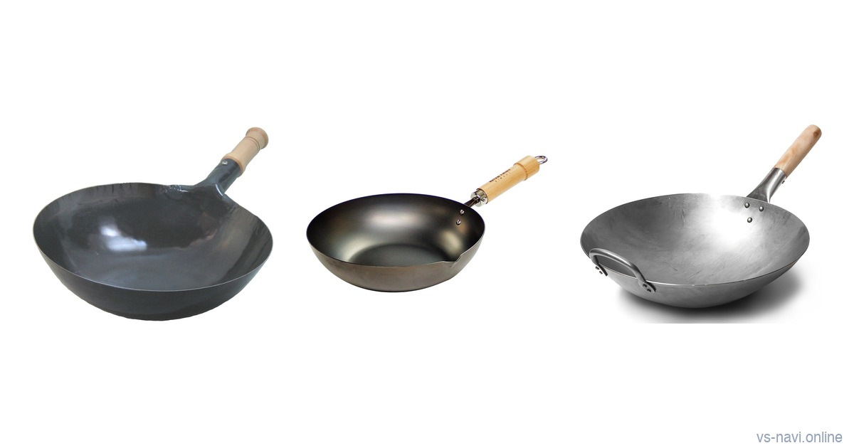 Yamada Kogyosho hammered iron wok, River Light Kiwame iron wok and Craft Wok carbon steel wok side by side on white
