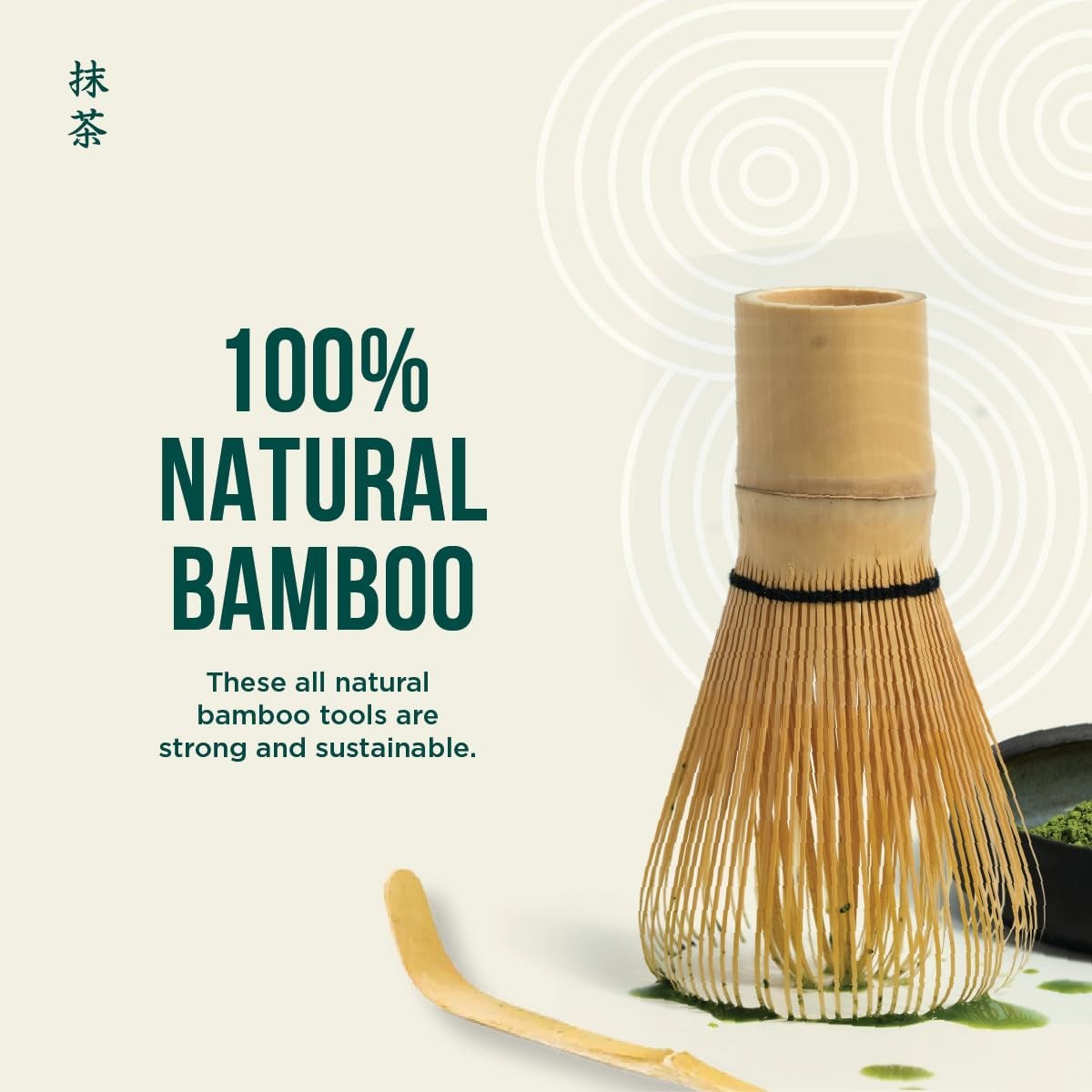 Close view of the Jade Leaf bamboo whisk standing upright with the scoop beside it