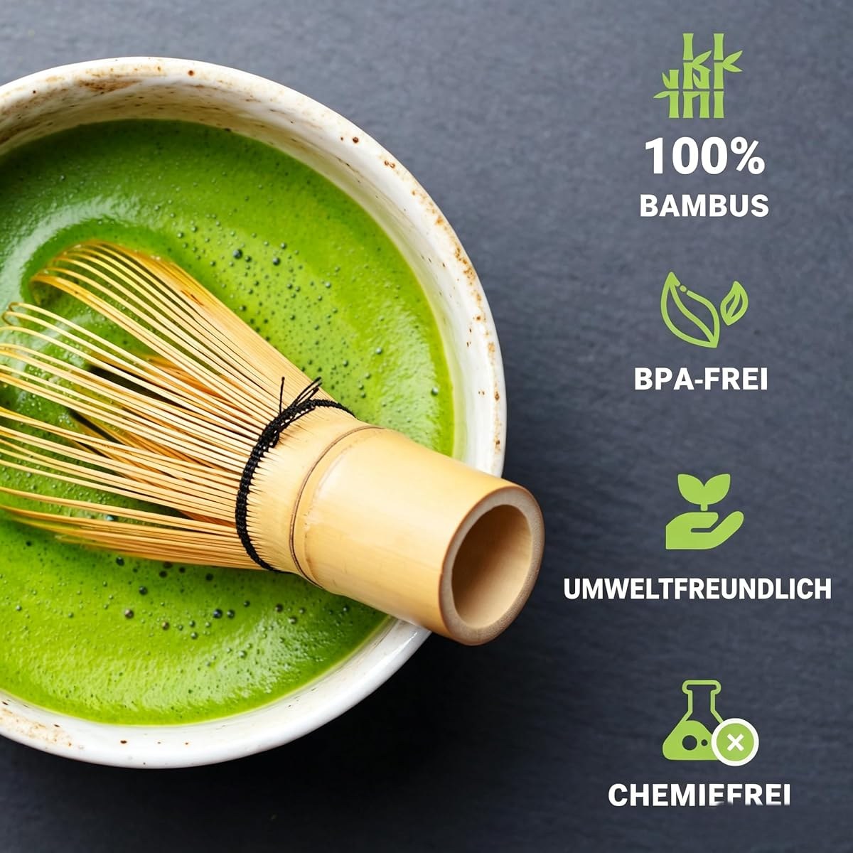 SHONMISEN bamboo whisk resting in a bowl of bright green whisked matcha