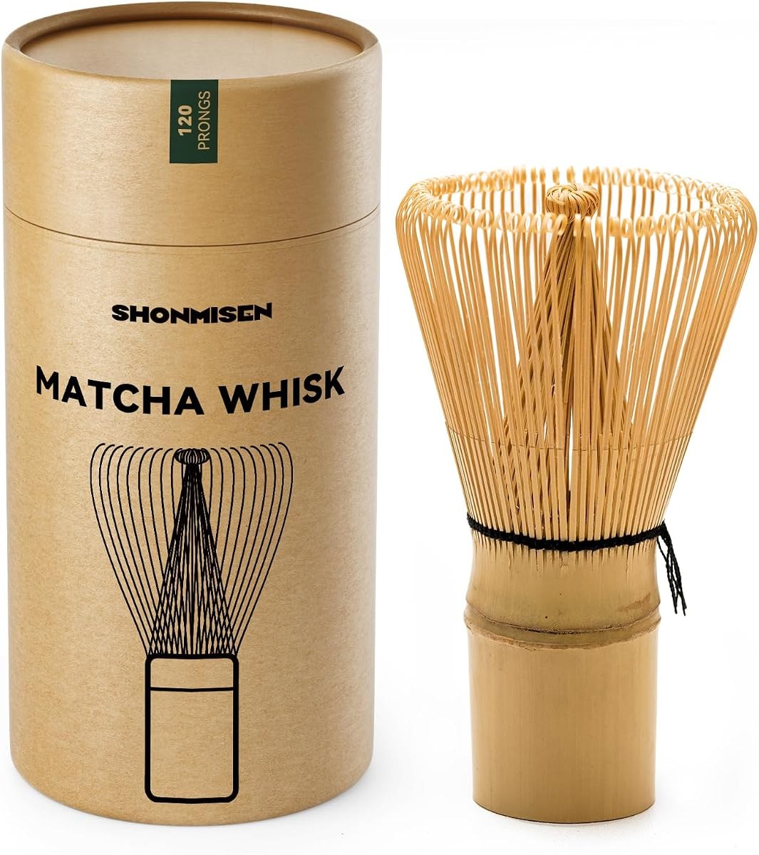 SHONMISEN 120-prong bamboo matcha whisk beside its brown cardboard storage tube