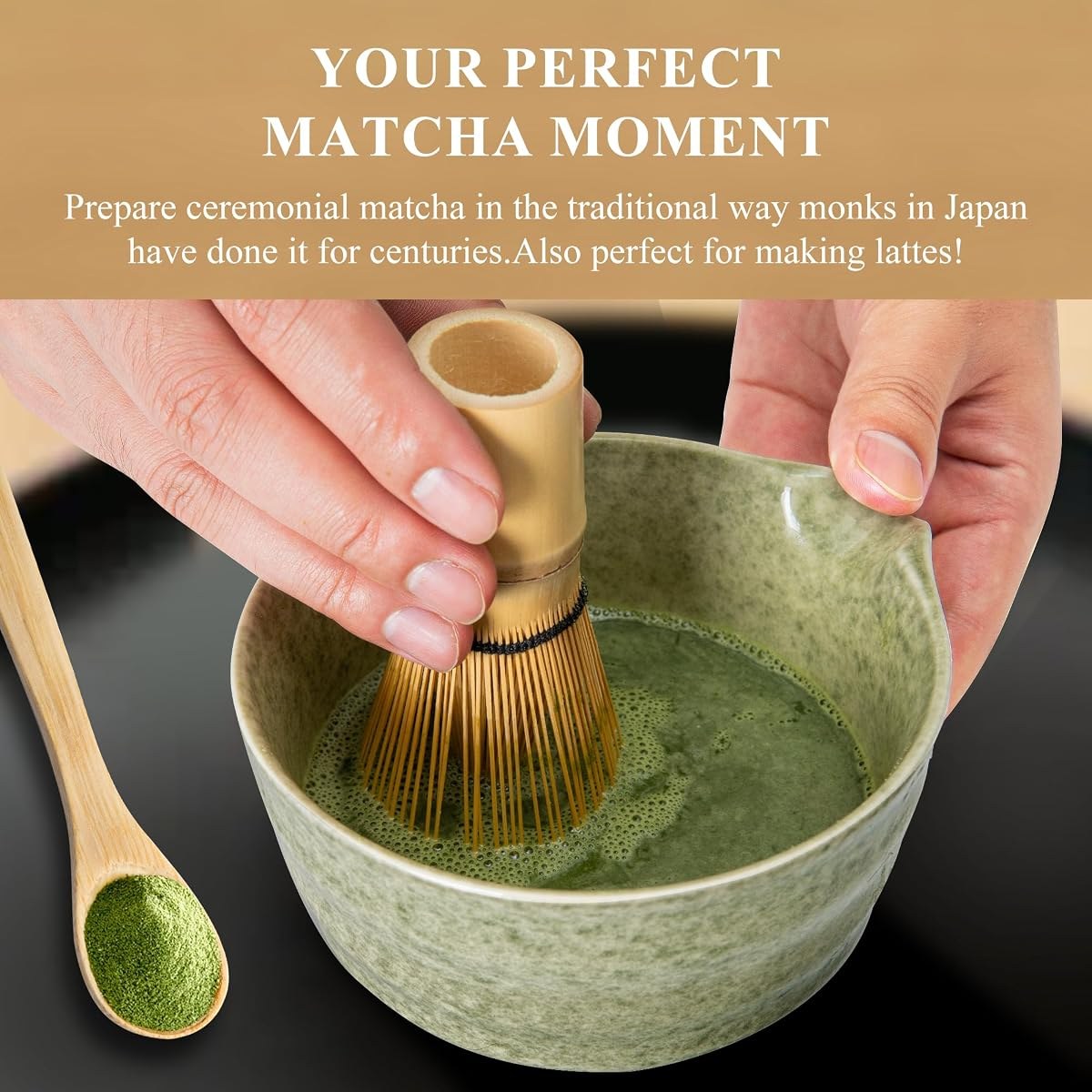 YIBO bamboo whisk being used to whisk matcha in a green ceramic bowl