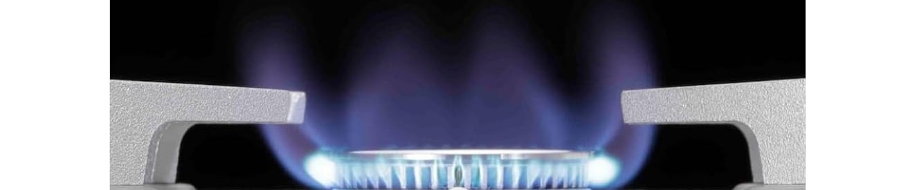 Close-up of the vertical flame port burner on the Tatsujin Slim III with the blue flame rising straight up