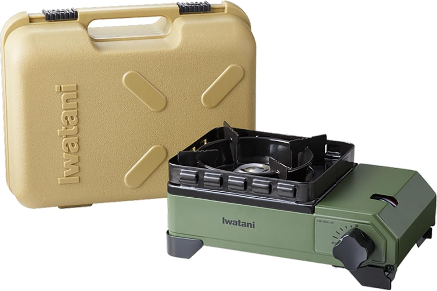Olive Iwatani Tough Maru Jr. cassette stove beside its tan hard carrying case