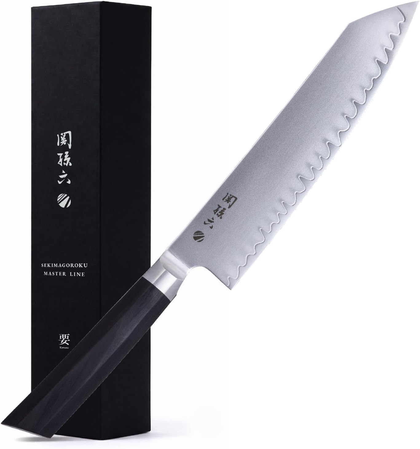 Kai Seki Magoroku Kaname 195 mm kiritsuke with black octagonal handle beside its black box
