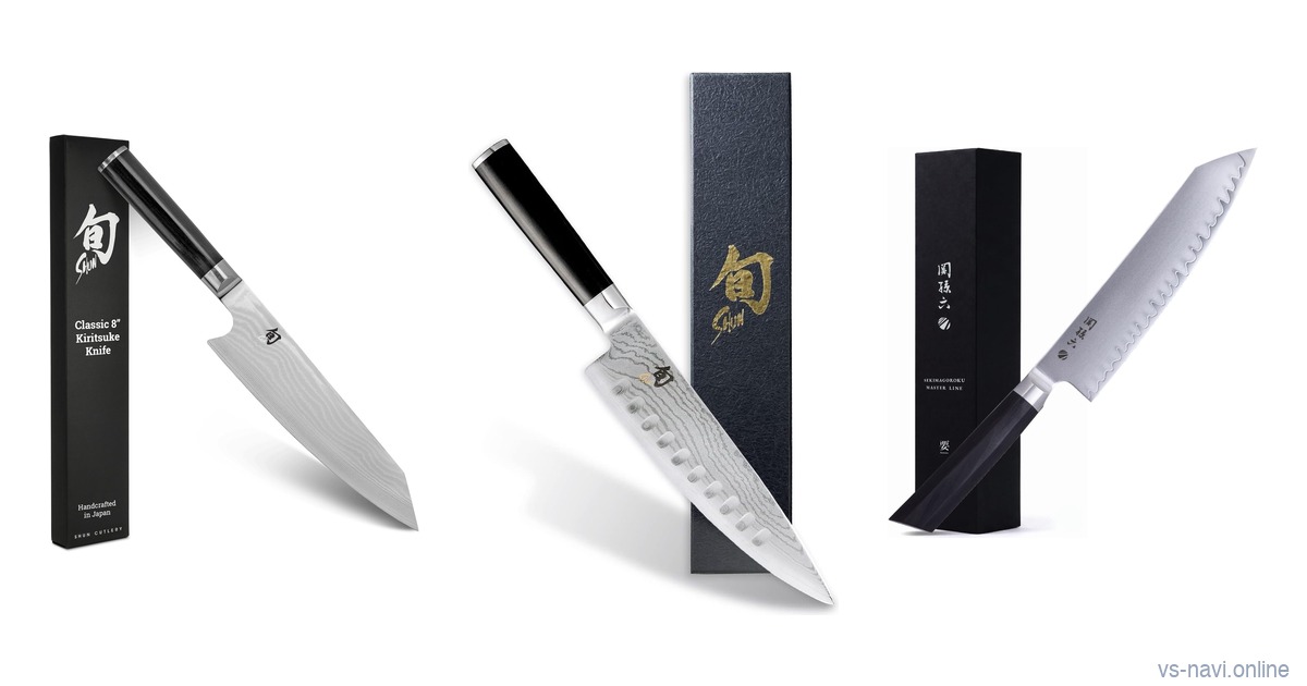 Three Japanese chef's knives on a white background: the Shun Classic 8-inch kiritsuke, the Shun Classic 8-inch chef's knife (gyuto) and the Kai Seki Magoroku Kaname 195 mm kiritsuke
