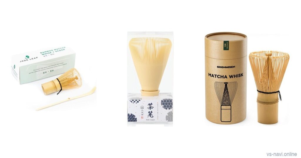 Jade Leaf bamboo whisk set, SUITENDO resin whisk and SHONMISEN 120-prong bamboo whisk side by side on white