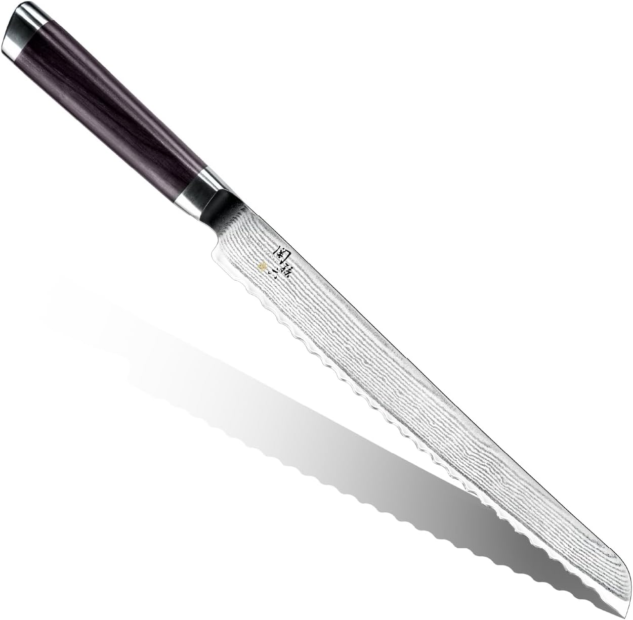 Kai Seki Magoroku Damascus 240 mm bread knife with a patterned Damascus blade plus a dark wood-composite handle with steel end caps
