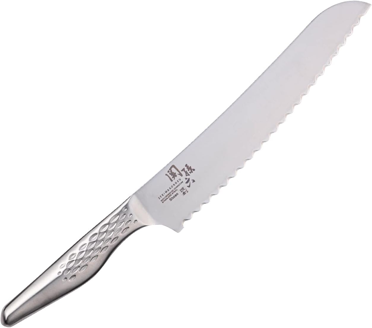 Kai Seki Magoroku Shoso 210 mm bread knife with a scalloped serrated edge plus a dimpled one-piece stainless handle
