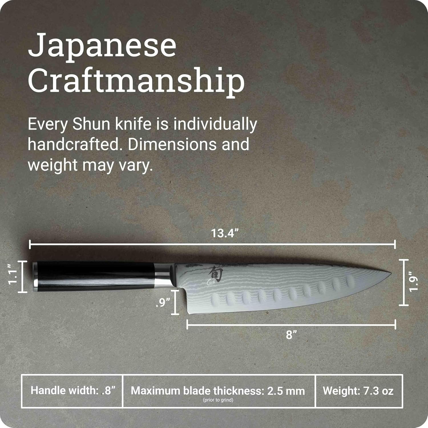 Shun Classic chef's knife dimensions: 8-inch blade, 13.4 inches overall, 1.9-inch blade height, 7.3 oz
