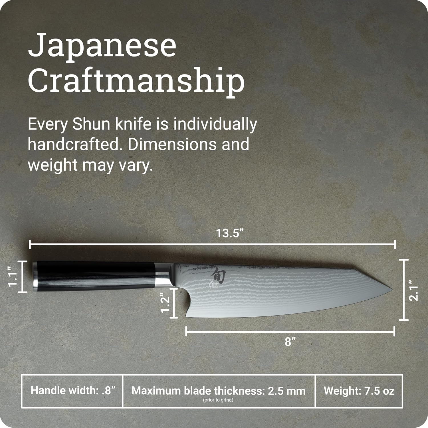Shun Classic kiritsuke dimensions: 8-inch blade, 13.5 inches overall, 2.1-inch blade height, 7.5 oz