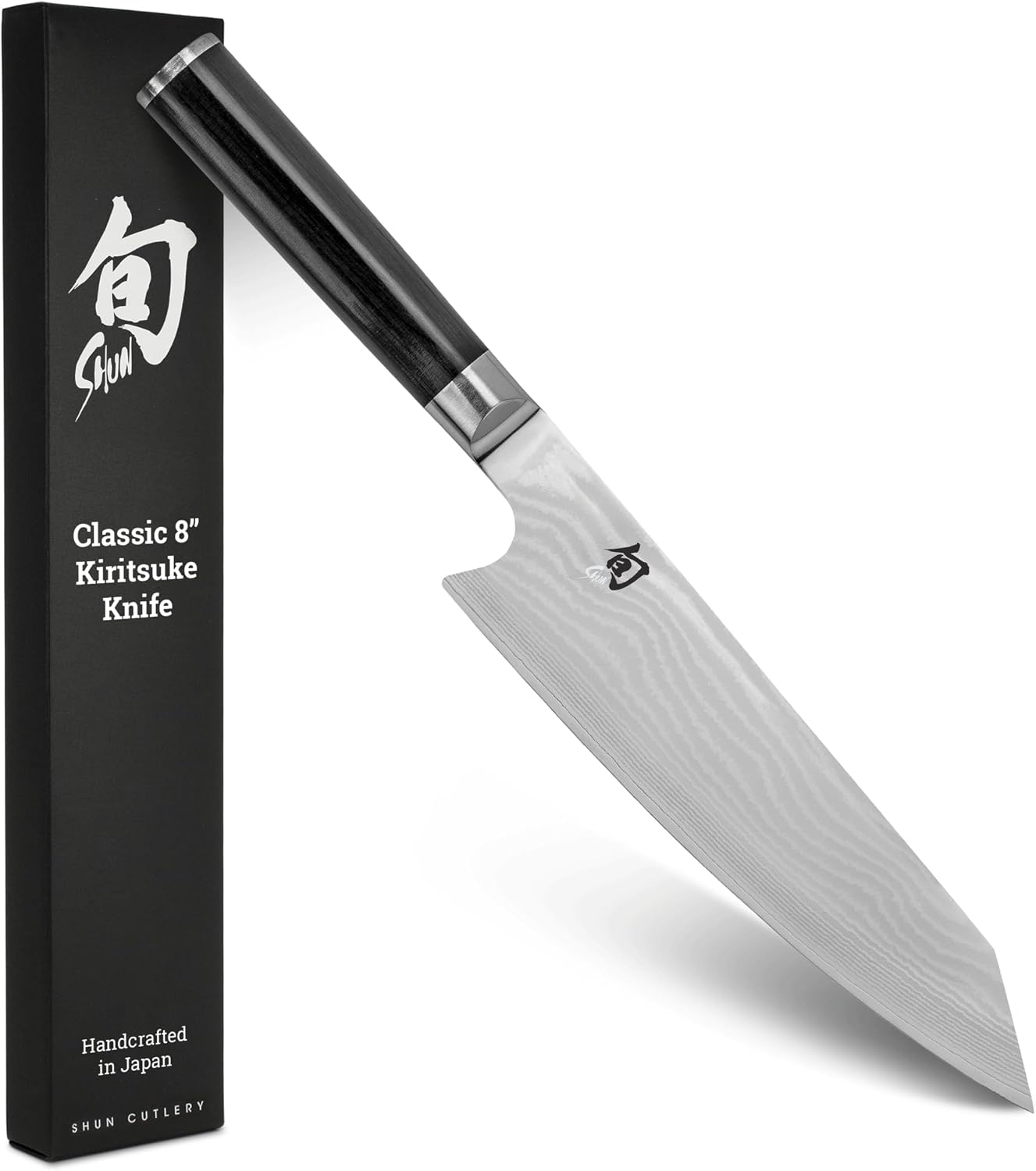 Shun Classic 8-inch kiritsuke knife with Damascus-patterned blade next to its black gift box