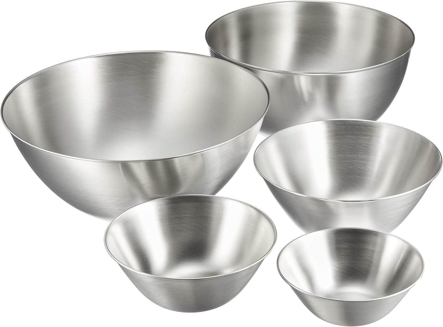 Five nested Sori Yanagi matte stainless steel mixing bowls in 13 to 27 cm sizes