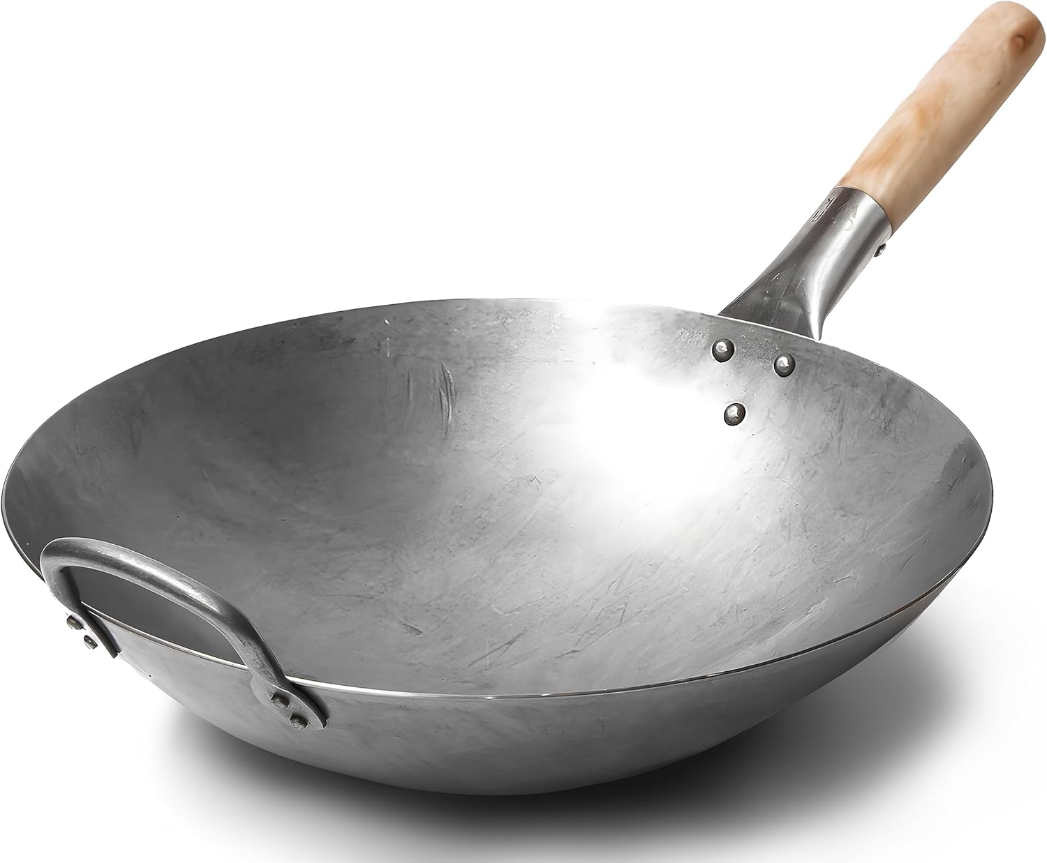 Craft Wok hammered carbon steel round bottom wok with a long wooden handle and a steel helper handle