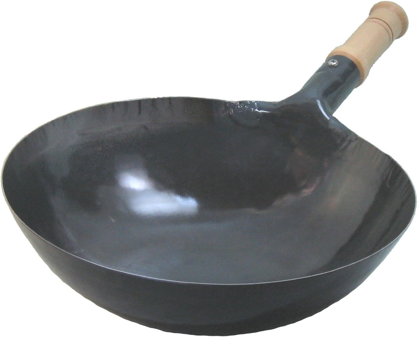 Yamada Kogyosho black iron one-handed wok with a wooden handle on a white background