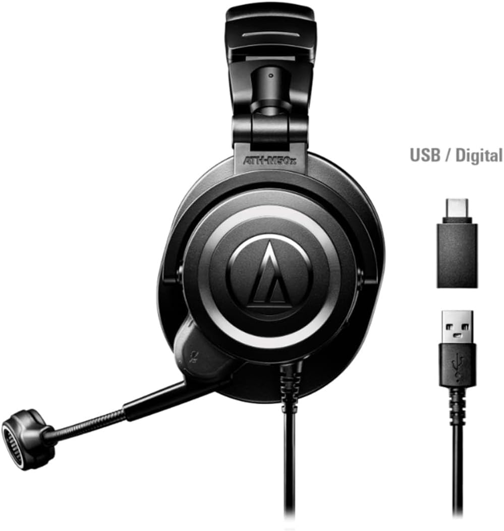 Audio-Technica ATH-M50xSTS-USB headset with its USB-A plug and USB-C adapter
