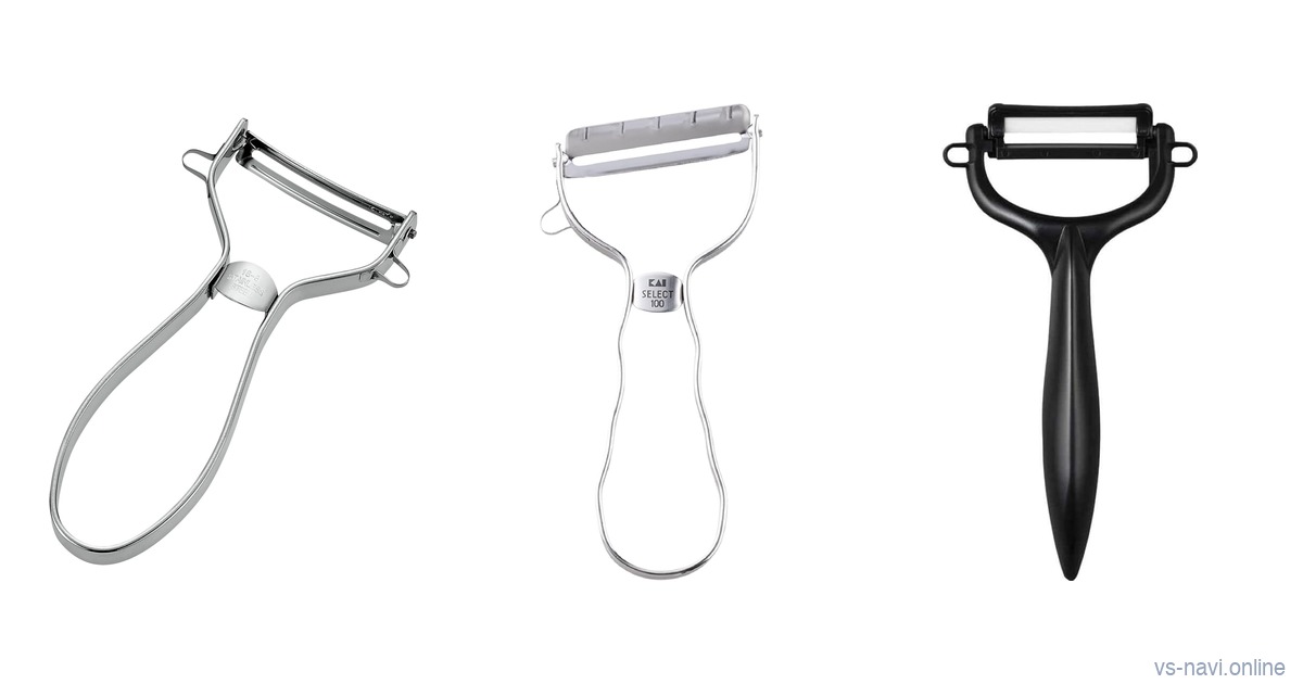 Shimomura Pro Grade stainless peeler, Kai Select 100 T-peeler and Kyocera black ceramic peeler side by side on a white background