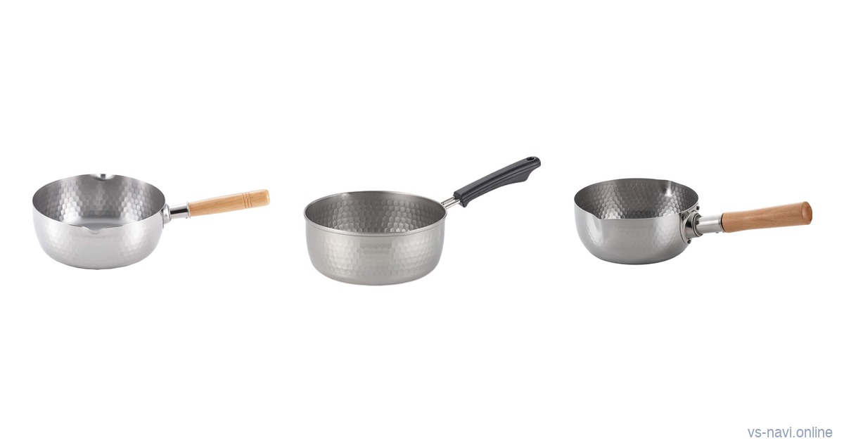 Three Japanese yukihira saucepans with hammered stainless steel bodies on a white background